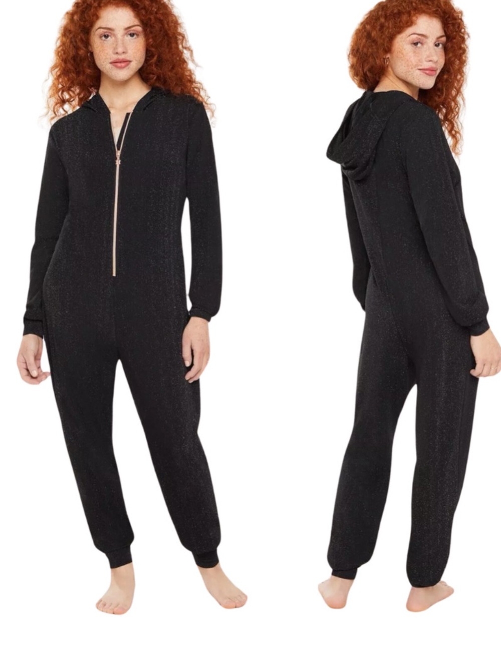 SAVAGE x FENTY Sleep & Shine Sparkle Black Hooded Glitter Jumpsuit Size XL